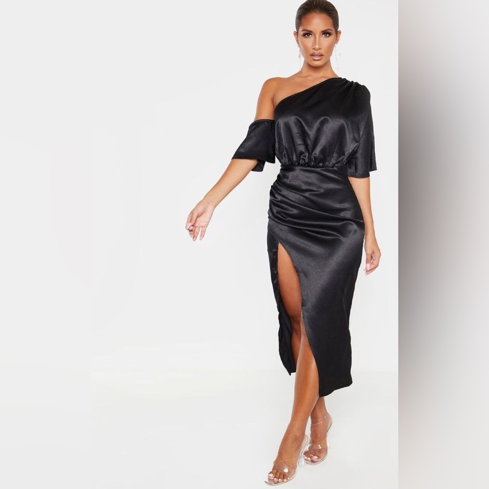 PrettyLittleThing Black Satin One Shoulder Midi Dress Wedding Guest NWOT Size 2